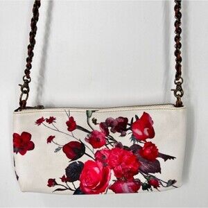 Elliott Lucca faux leather crossbody bag, off-white red & green floral, 12" x 7"